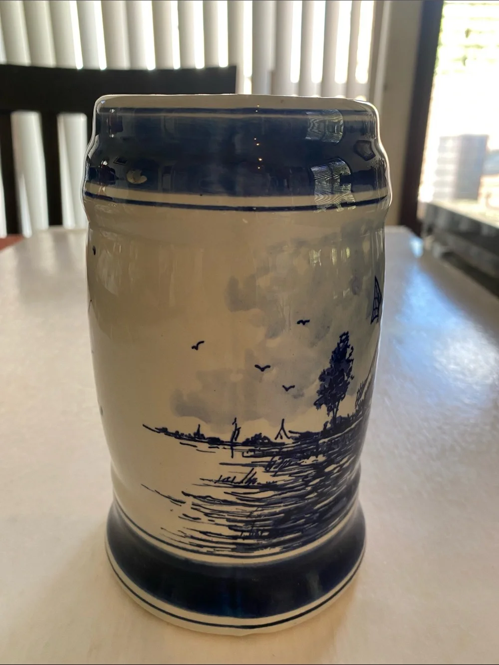 Vintage Delft Blauw Holland Windmill Beer Stein Mug 6.5” Tall Blue White
